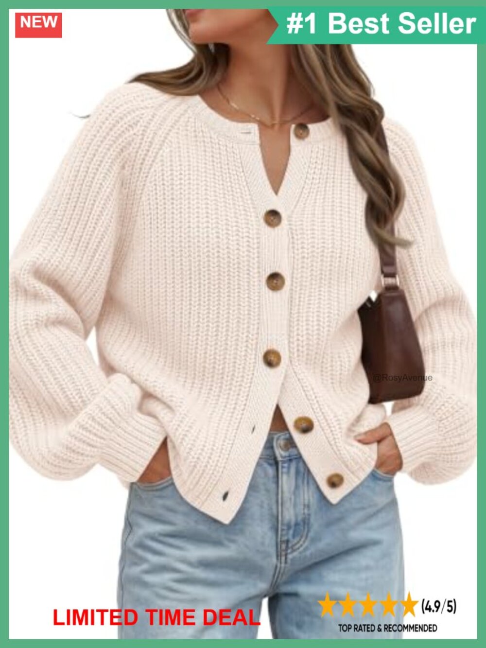Chunky Knit Cardigan Sweater Balloon Sleeve Button Down Cotton Blend